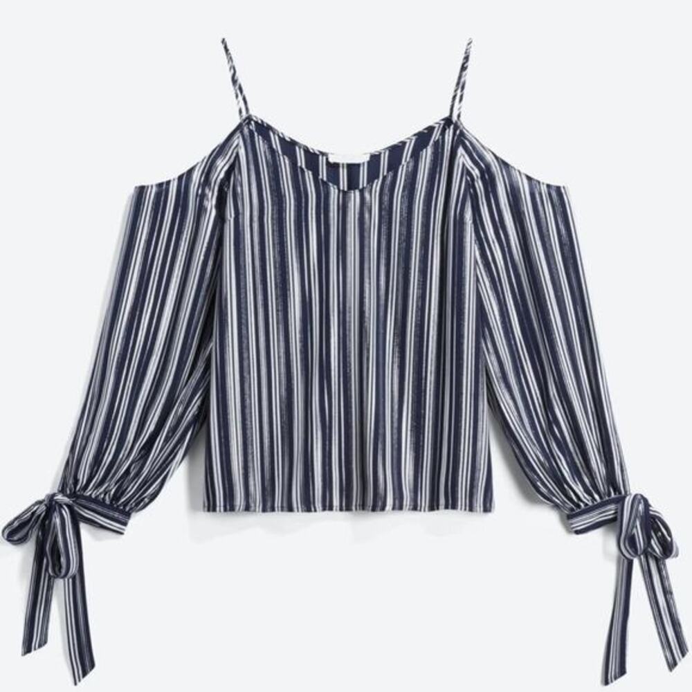 LUSH brand Cersei Cold Shoulder Blouse Navy Blue Silver Stripe - M NEW